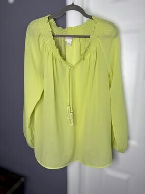 Chico’s Neon Yellow Sheer Balloon Sleeve Tasseled Blouse Sz 2 (L)